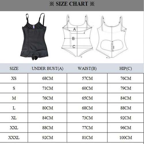 P 529 Latex Waist Training Clip and Zip Body Shaper Garment Size Chart