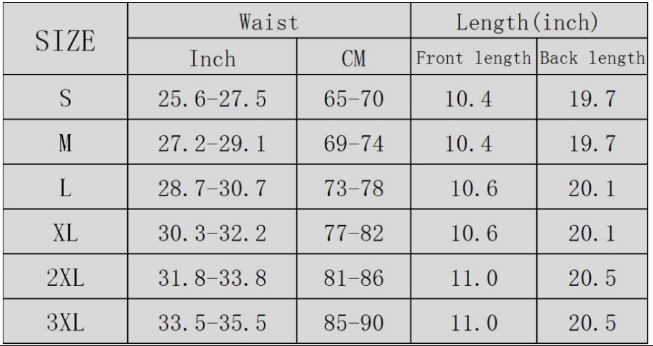 P539 Body Slimming Neoprene Waist Trainer Girdle Size Chart